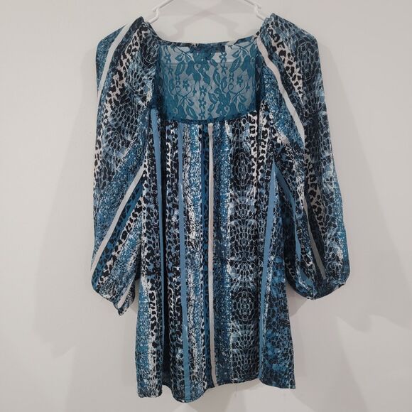 Womens Top Size 2X Blue Animal Print Leopard Striped Peasant Sheer - Picture 2 of 7